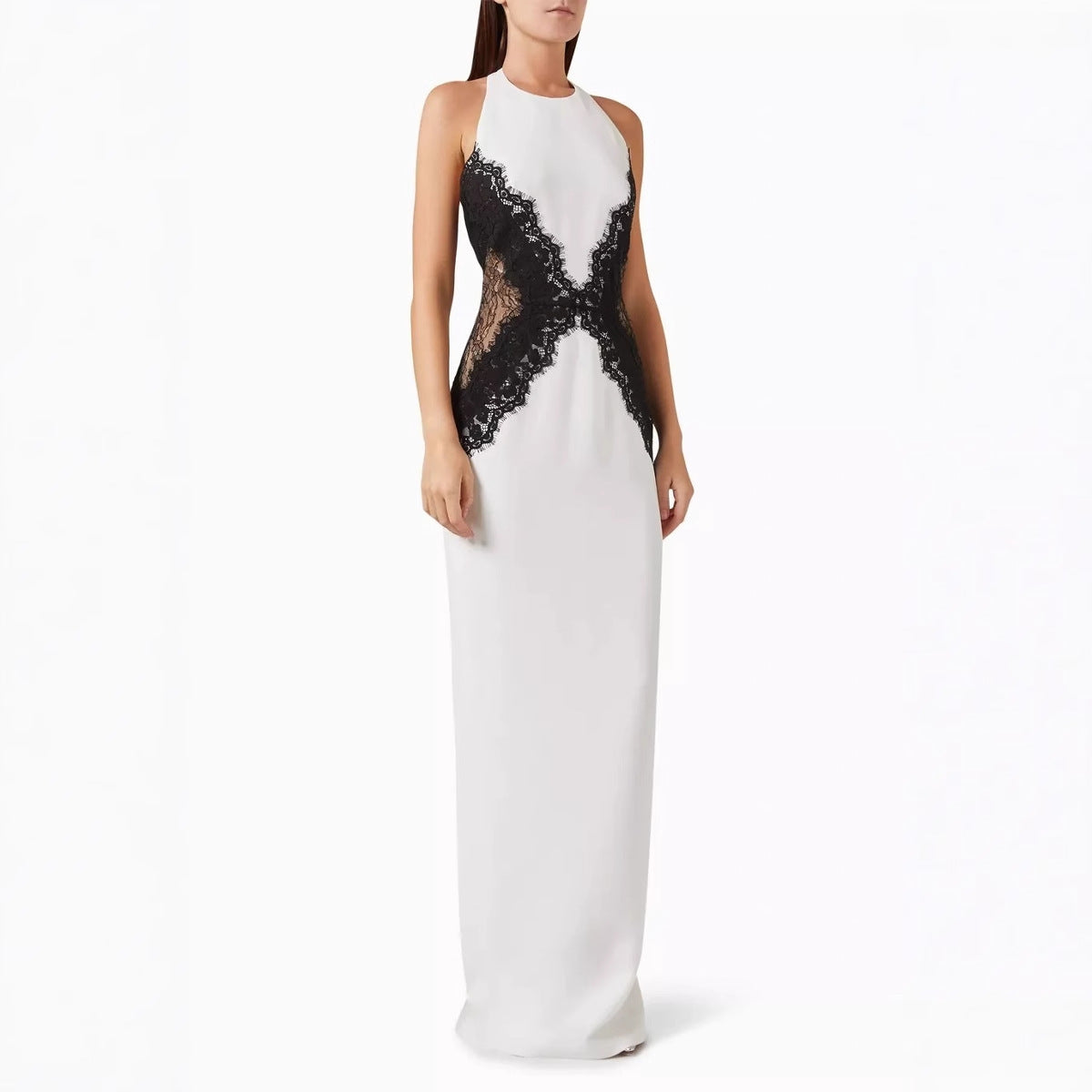 Lace-Paneled Hollow Halter Neck Slit Midi Dress Maxct