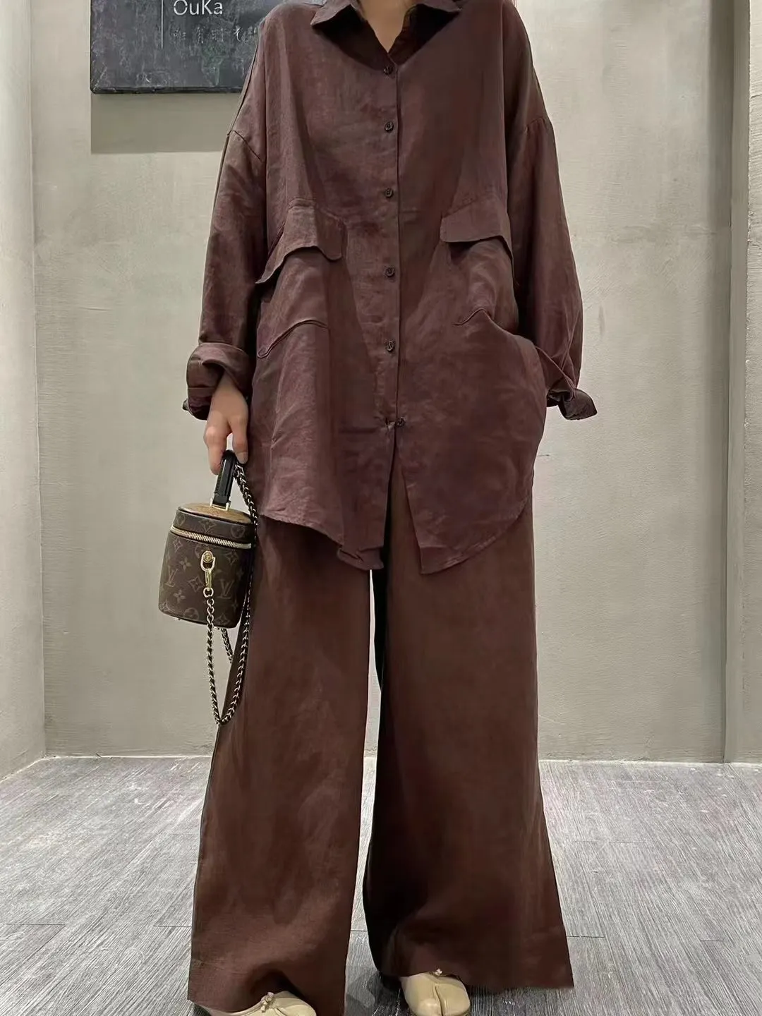 Maxct Linen Loose Shirt &Wide-Leg Pants 2-Pieces Suit