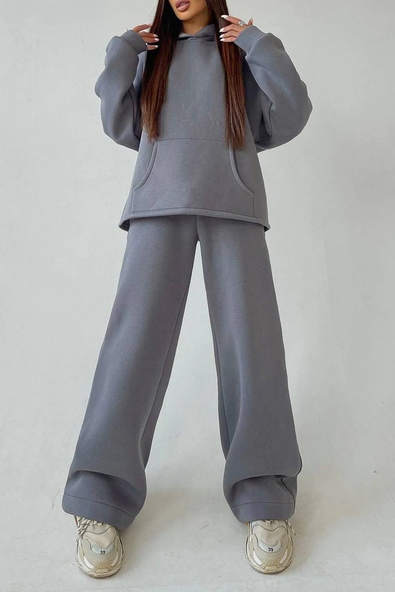 Maxct Solid Hoodie Wide Leg Long Pants Suits