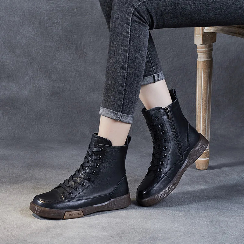 Handmade Retro Leather Ankle Boots Women's Winter Flats Maxct