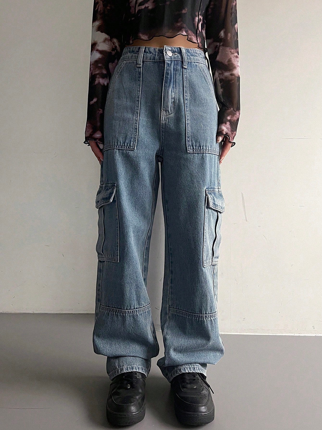 Maxct Women's Workwear Pocket Wide Leg Loose Casual Denim Pants