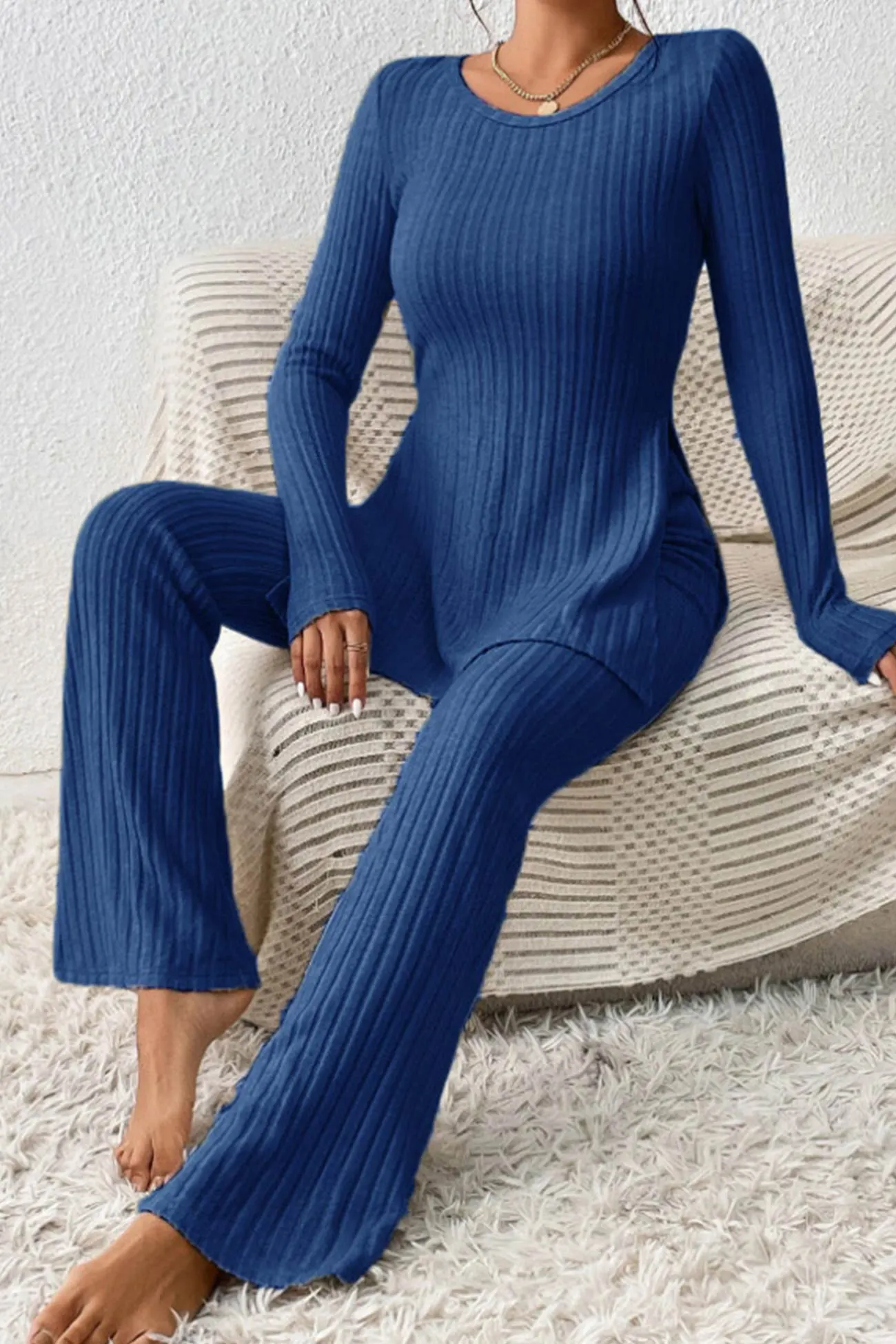 Maxct Ribbed Knit Slit Hem Tops Flares Long Pants Set
