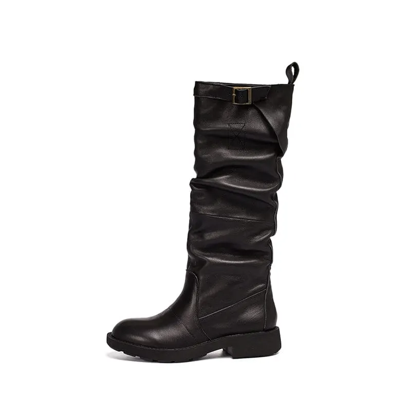 Waxing Knee High Boots Fold Design Riding Boots Buckle Boots Maxct