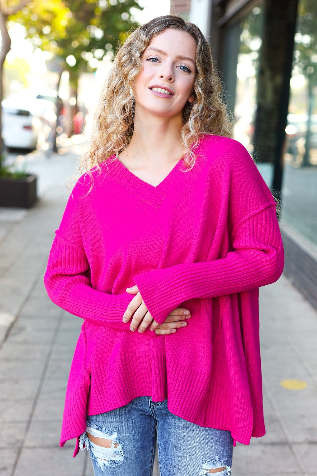 Maxct &Be Bold Magenta Oversized V Neck Rib Knit Sweater