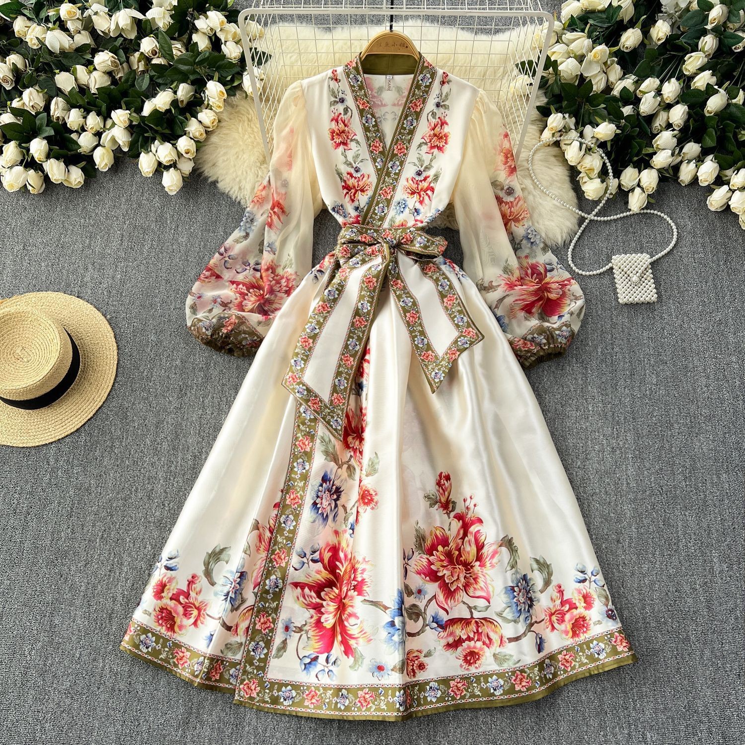 Maxct pop culture dress to impress French Retro Elegant Dress Women's High-Grade Court Style Printed Lace-up Waist-Tight Elegant Dress Long Skirt