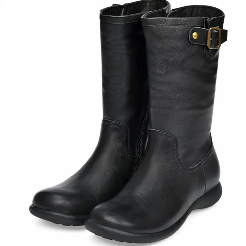 Womens Retro Mid Calf Boots with Short Plush Lining for Cold Winter Black/Blue Maxct