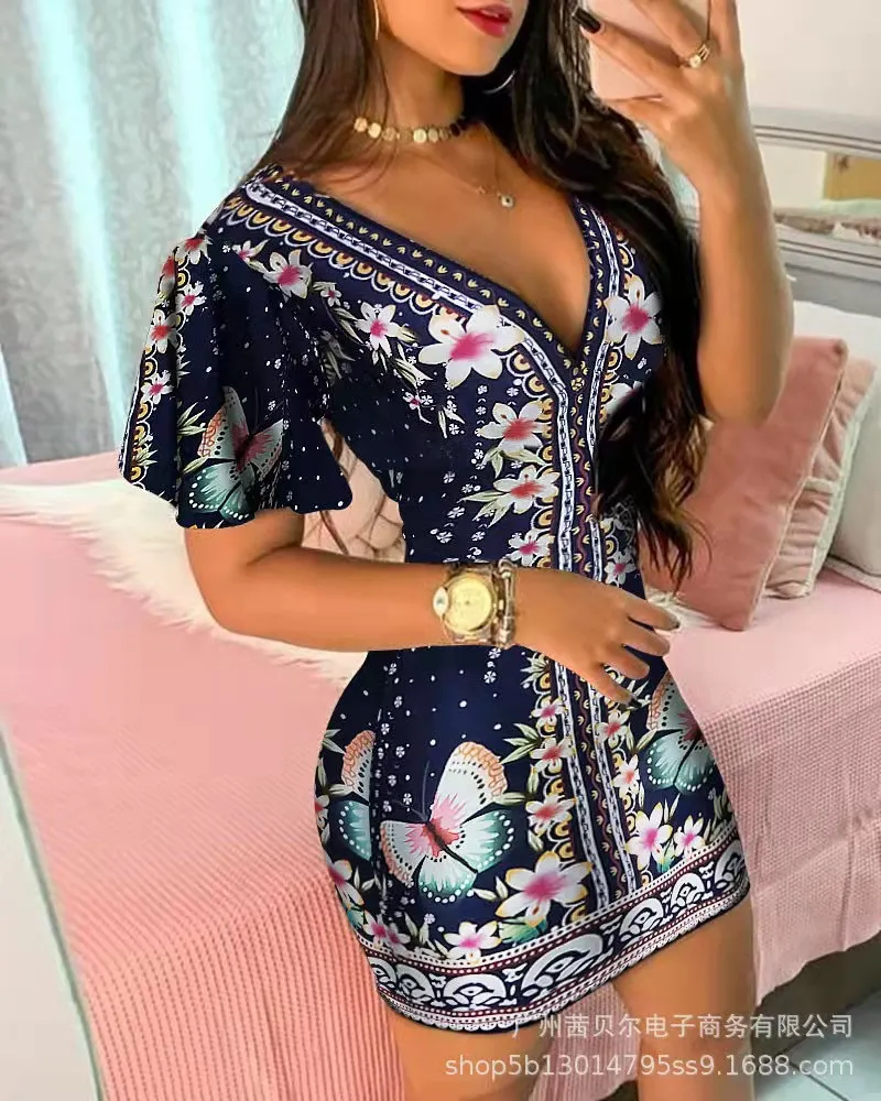 Women's Elegant Dress Vintage Floral Print Ruffles Bodycon Dress for Party Cocktails Casual Mini Dress Vacation Dress