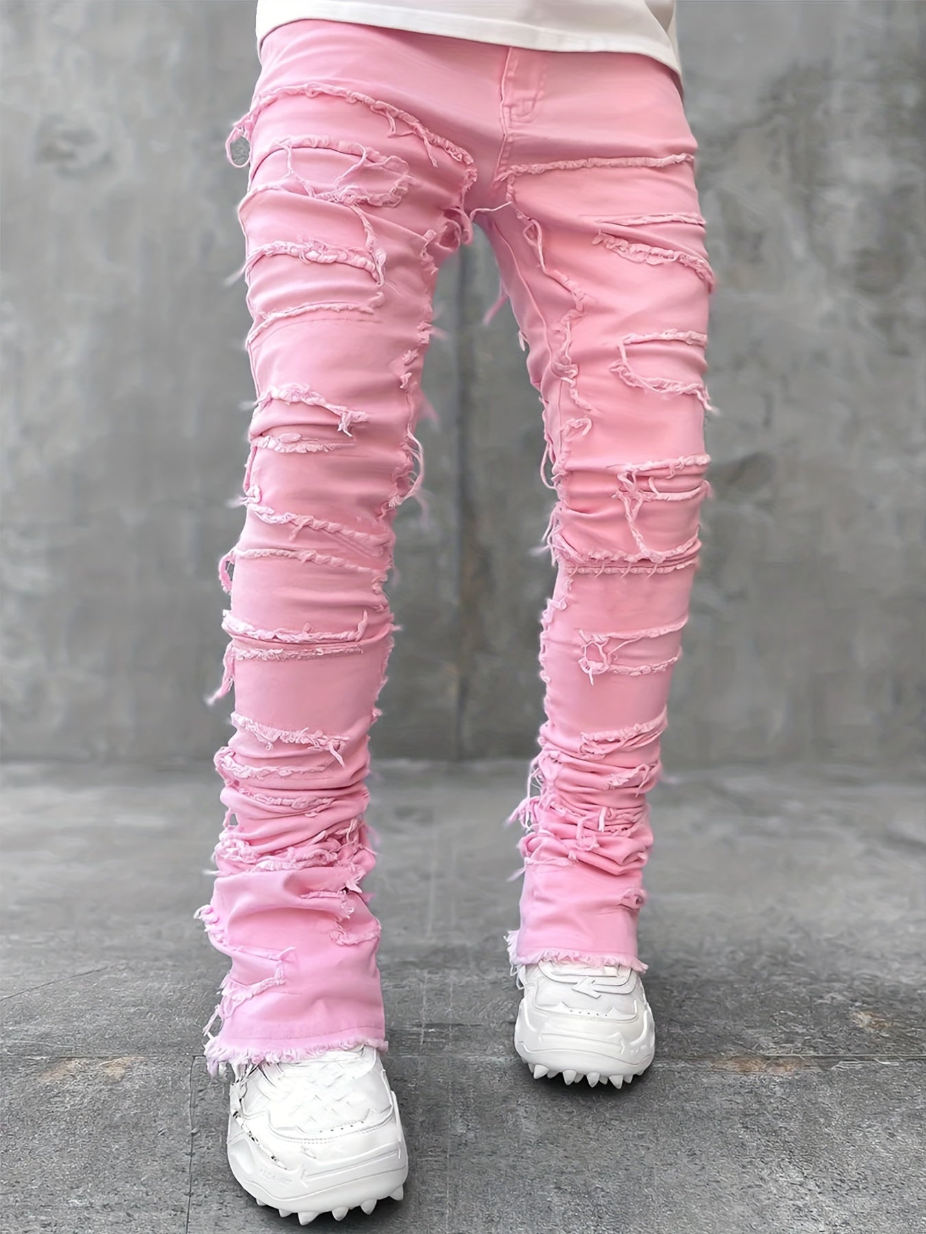 Maxct Creative Tassels Decoration Straight Fit Jeans, Men's Casual Medium Stretch Street Style Denim Pants For All Seasons