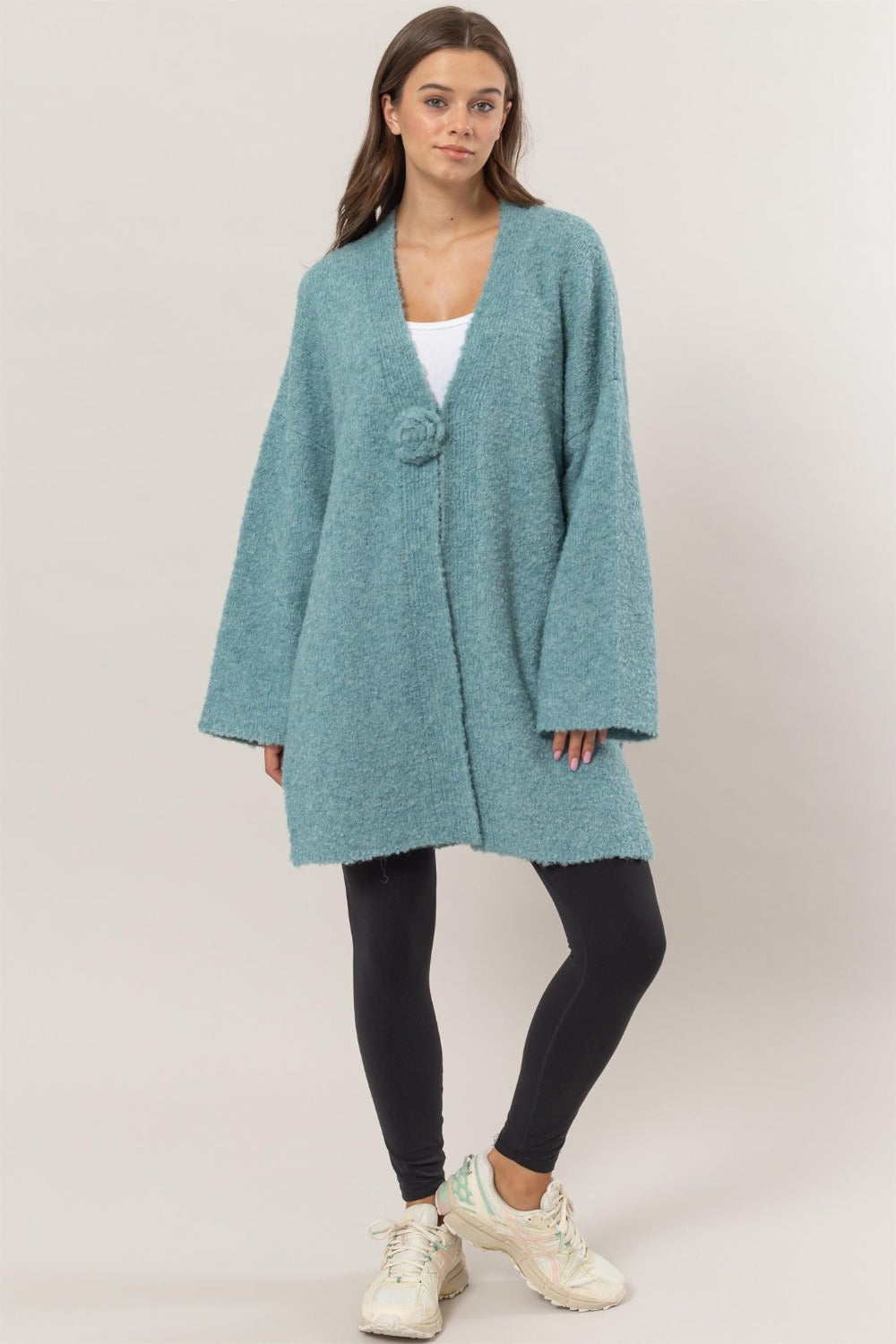 Maxct &HYFVE Front Rosette Longline Slit Sweater Cardigan