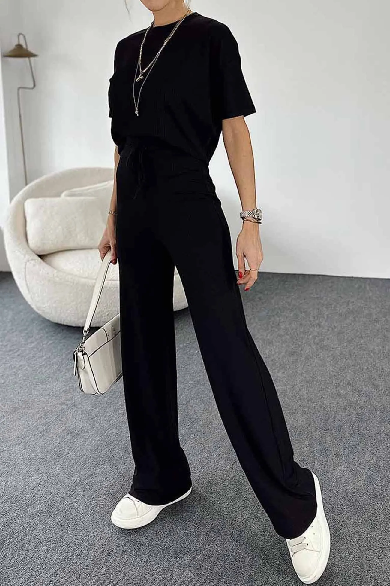 Maxct Ribbed Short Sleeve Drawstring Long Pants Set