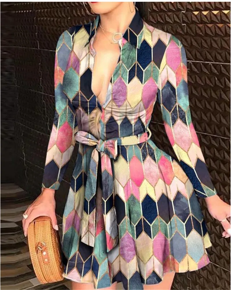 Women's Printed Long Sleeve Dress Casual Bandage Mini A-line Dresses Sexy Party Summer Feminias Vestidos Women Clothes