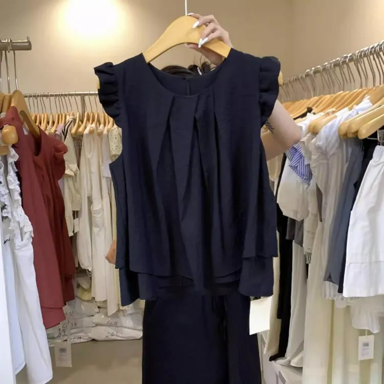 Maxct Women French Style Retro Sleeveless Solid Casual Tops Summer Thin O-neck Flying Sleeve Tender Sun-proof Office Ladies