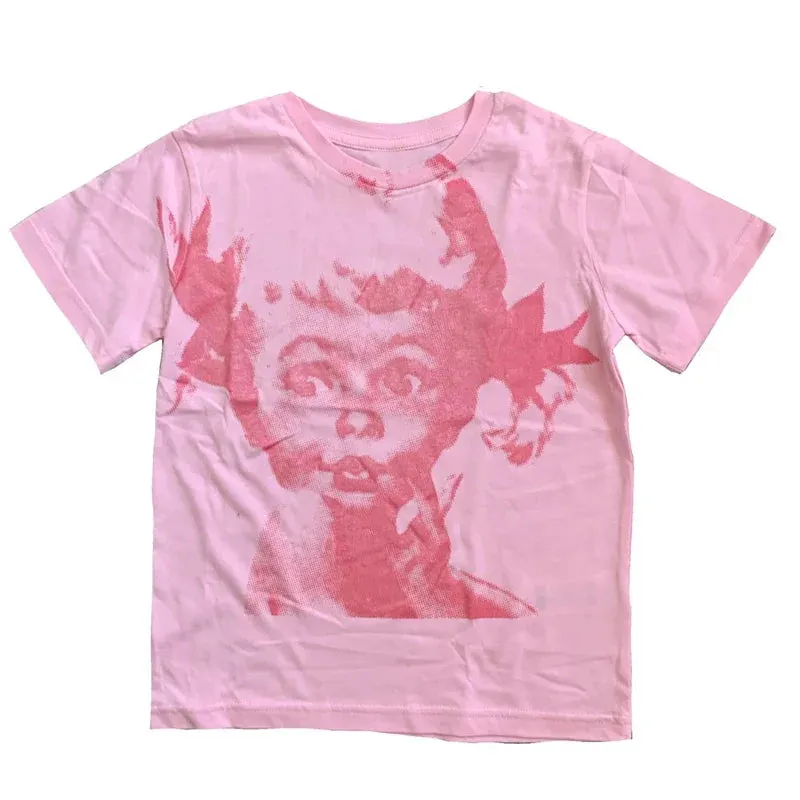 Maxct 90s Vintage Portrait Graphic Print T-shirt Harajuku Crop Top Y2K Aesthetic Summer Slim Fit Tees Tops Women Streetwear Gothic
