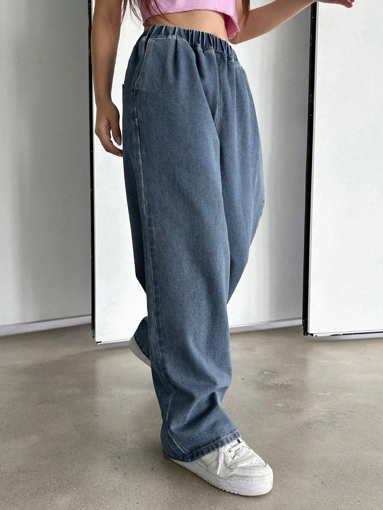 Maxct Women's Elastic Waist Wide Leg Loose Fit Casual Denim Pants With Pockets