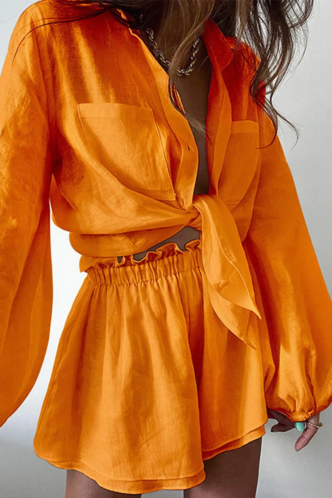 Maxct-Pocketed Solid Color Shirt Ruffle Waist Shorts Suits