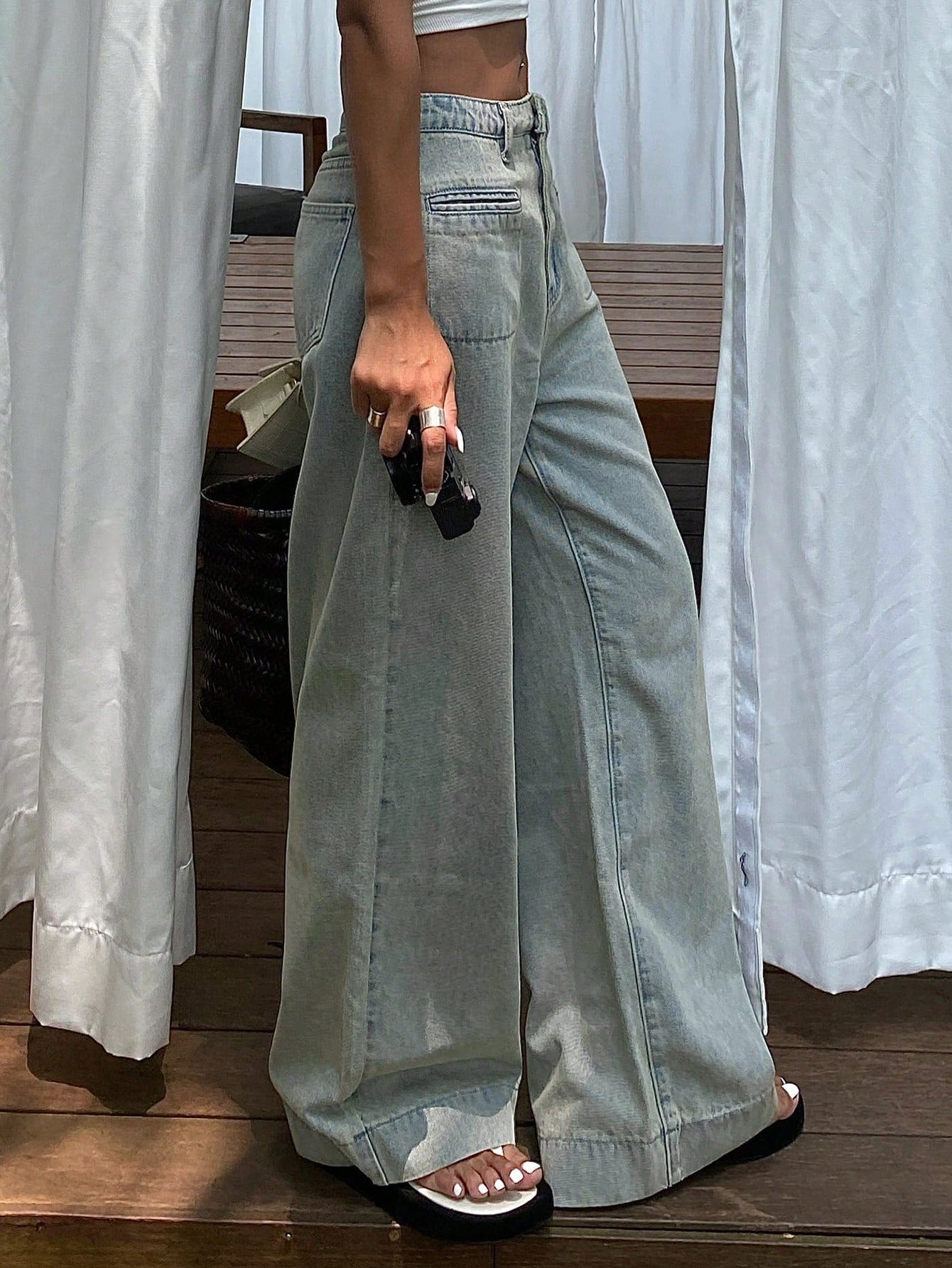 Maxct Women Wide Leg Loose Denim Pants With Double Pockets For Daily Casual Wear