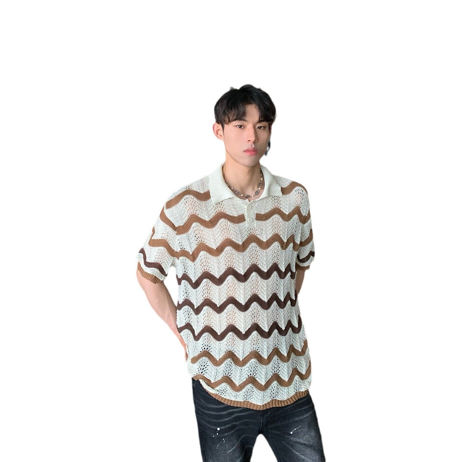 Maxct 90s Streetwear Korean Style Summer High-end Sense Hollow Color Stripe Lap Short-sleeved Niche Design POLO Shirt T-shirt Casual Top
