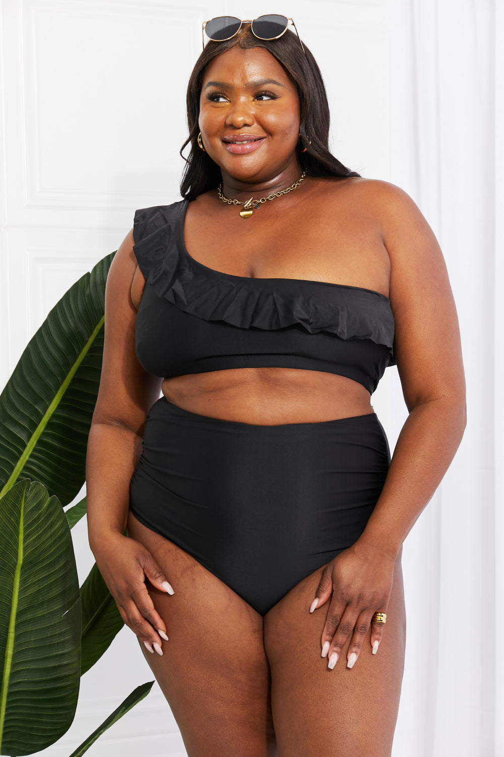 Maxct &Marina West Swim Seaside Romance Ruffle One-Shoulder Bikini in Black