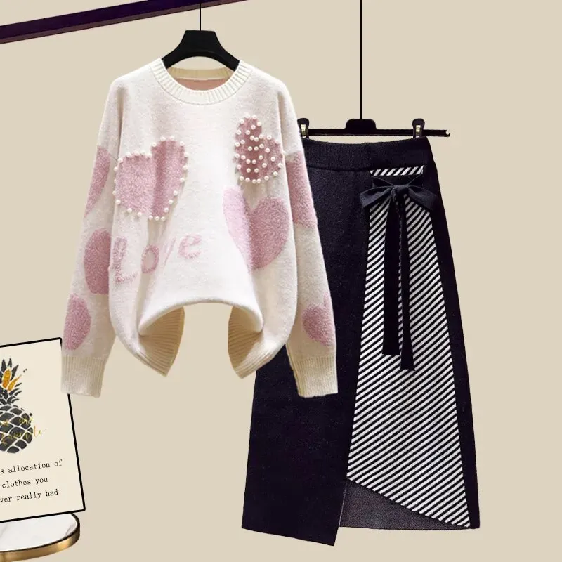 Maxct Lazy Sweater Two Piece set Women Sweet Heart-shaped beaded Pullover Jumper Top + Irregular Striped Skirt Knit 2PCS Sets