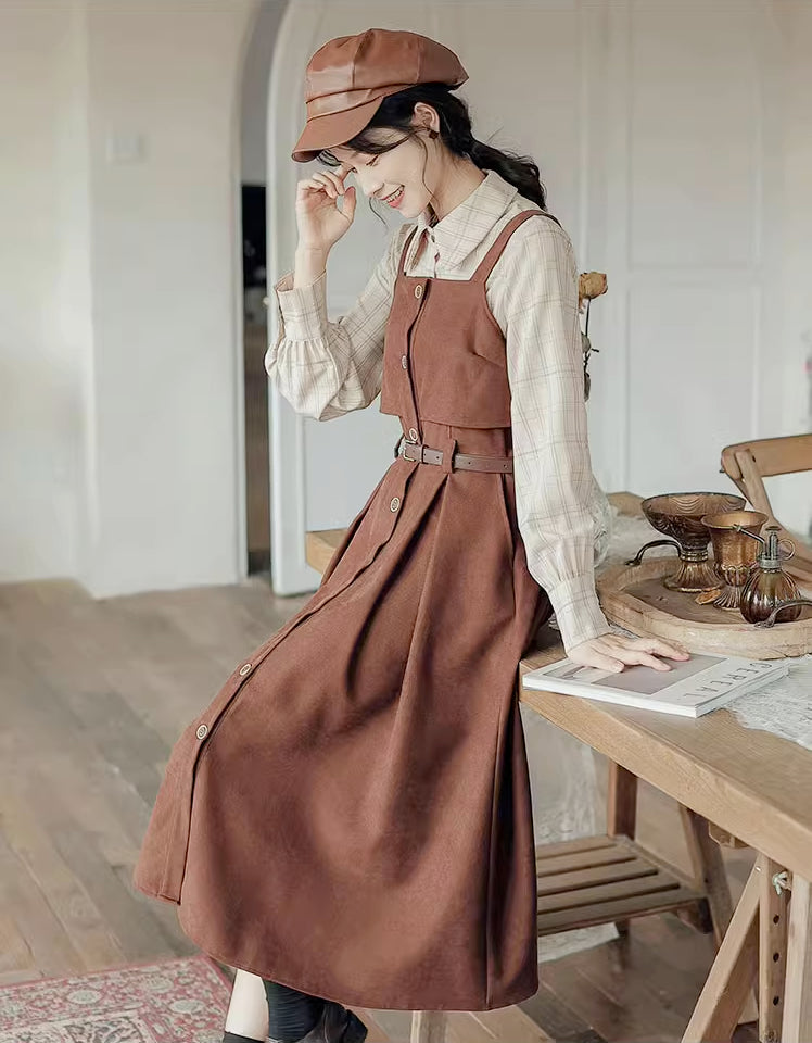 Suede Button Up Cami Pinafore Dress Set Maxct