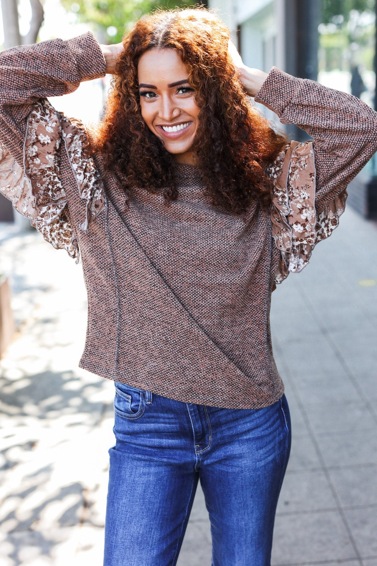 Maxct &Fall Diva Brown Two Tone Knit Floral Print Frill Detail Sweater