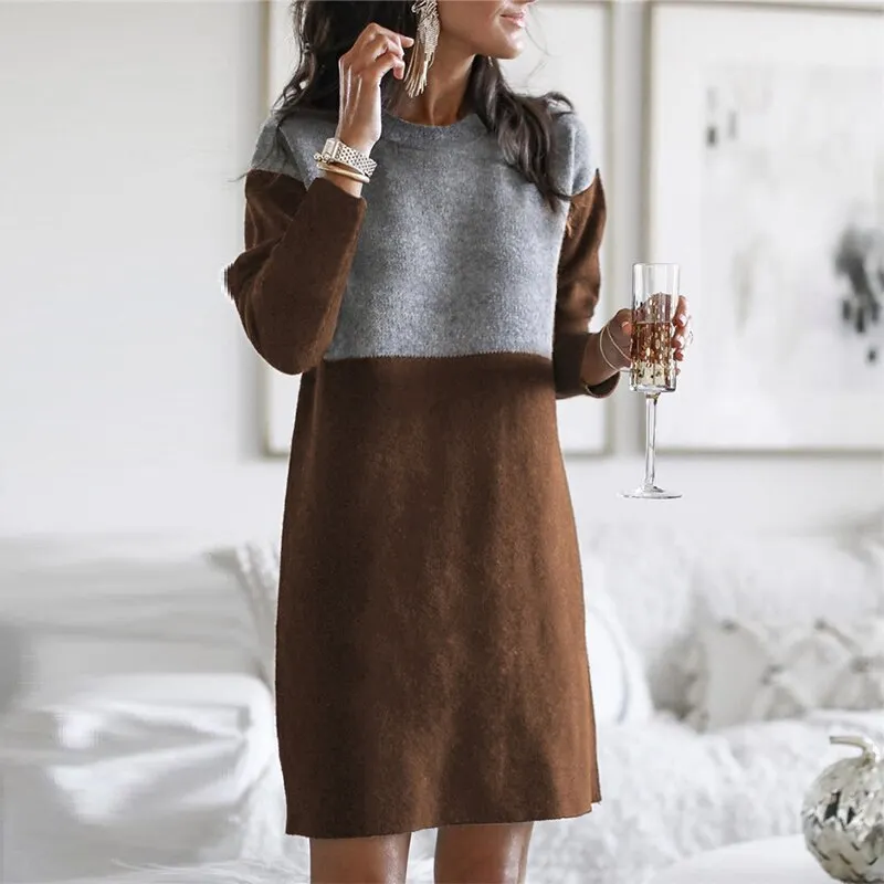 Maxct Autumn Winter Round Neck Vintage Patchwork Knitting Dress Women Loose Casual Straight Dresses Robe Femme Vestidos De Fiesta