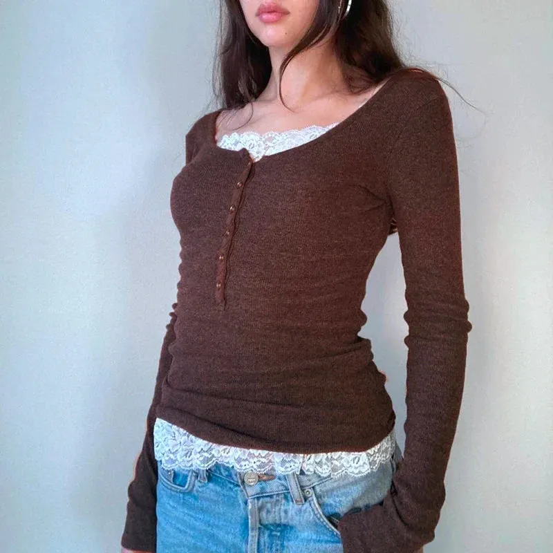 Maxct Y2K Fairy 90s Vintage V Neck Crop Tops Women 00s Retro Cottage Grunge T-shirt Autumn Ribbed Knitted Long Sleeve Slim Fit Tees