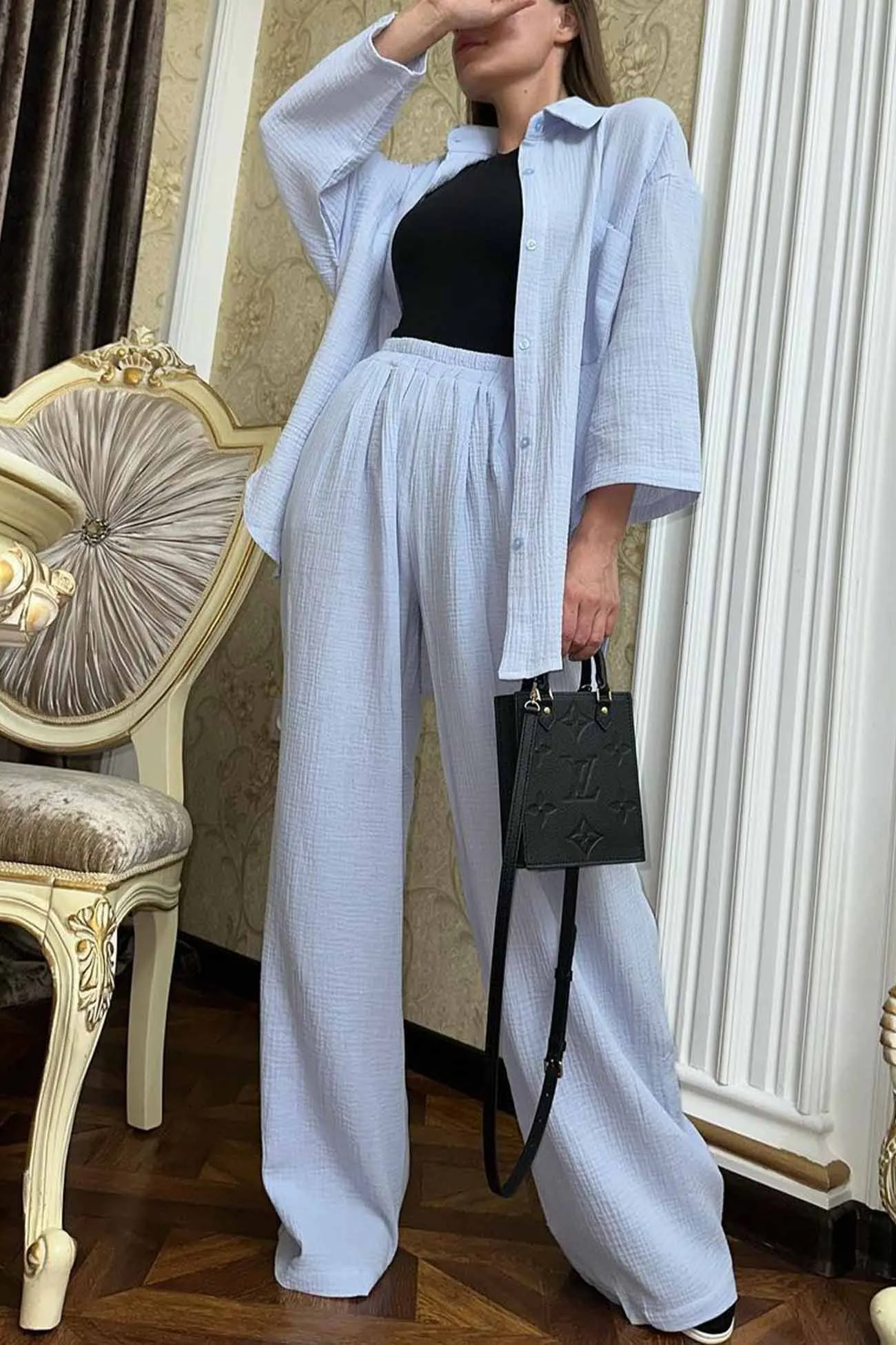 Maxct Button Belt Wide Leg Pants Two-piece Set