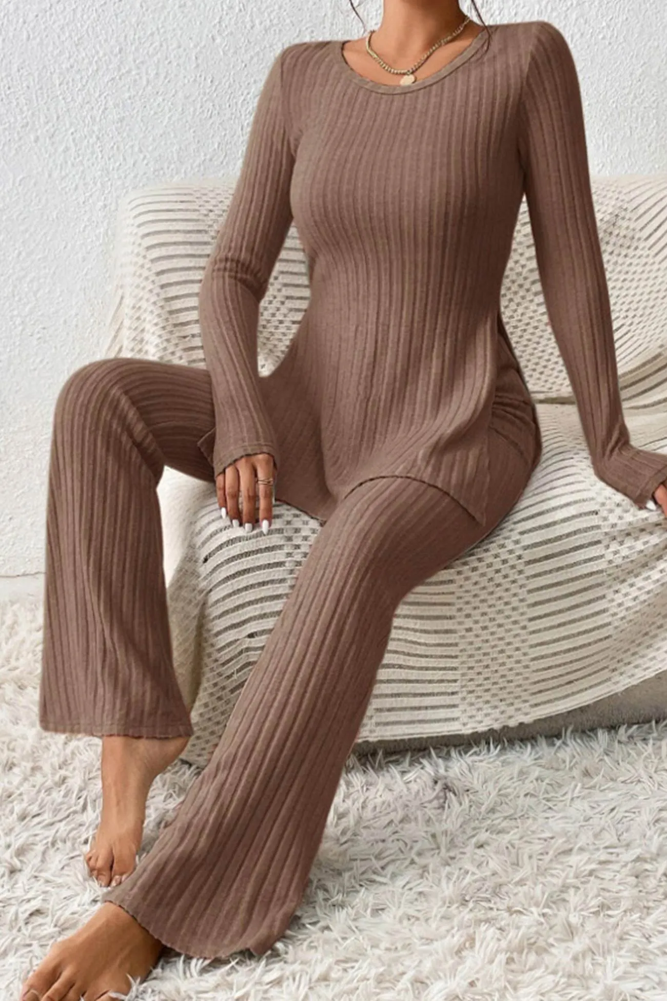 Maxct Ribbed Knit Slit Hem Tops Flares Long Pants Set