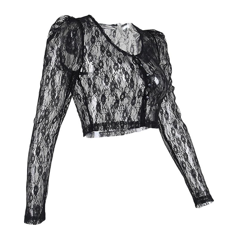 90s Vintage Button Up Long Sleeve Crop Top Floral Lace Transparent T-shirt Korean Harajuku Slim Fit Tees Y2K Women Streetwear