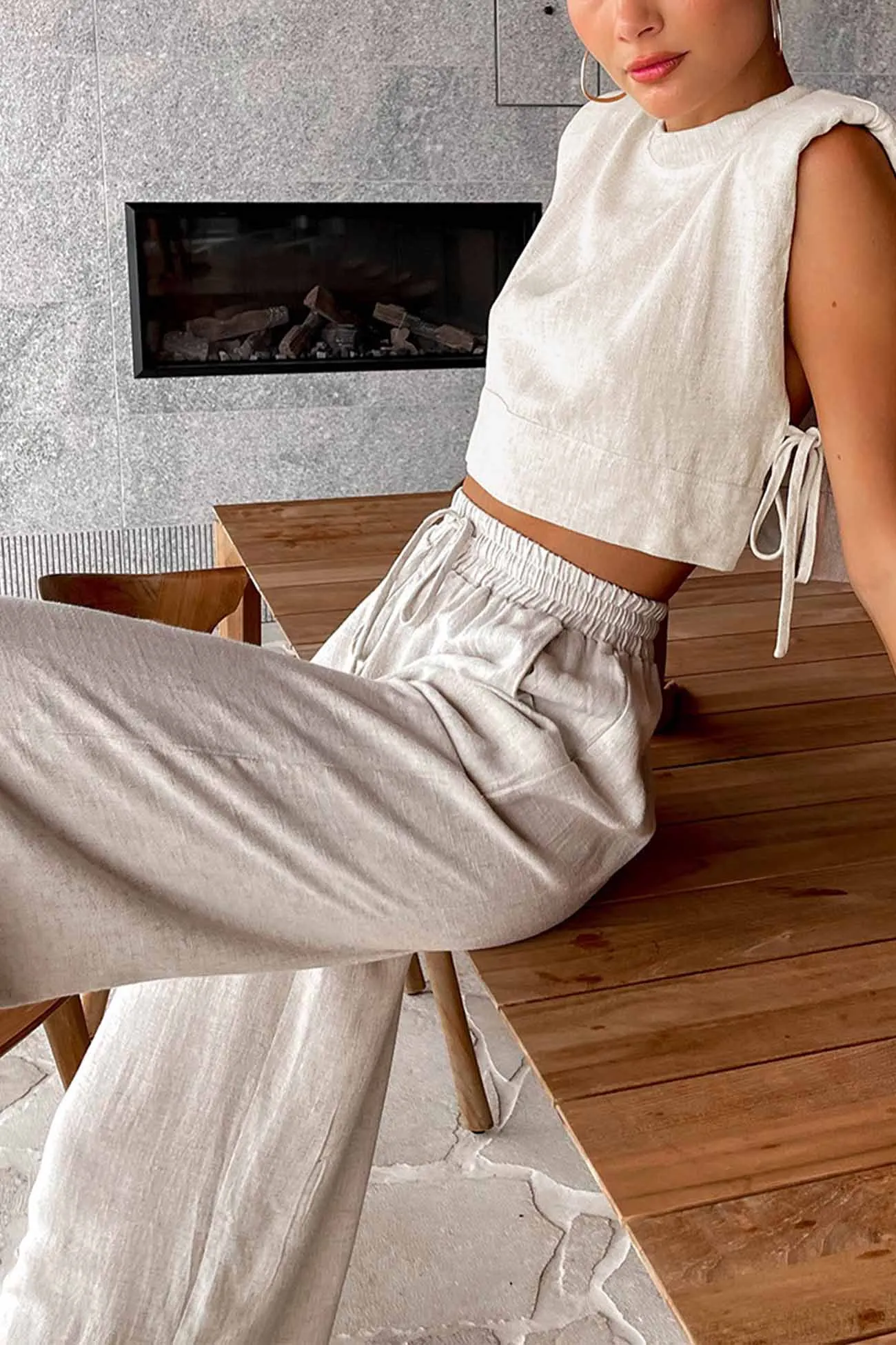 Maxct Linen Crop Tops Sleeveless Lace Up Pant Set