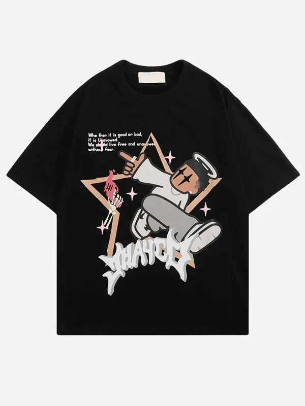 Maxct Y2K Hip Hop Letter Printed T Shirt Cartoon Printed Oversized Tops New Harajuku Fashion Casual All Match Loose Tops Streetwear