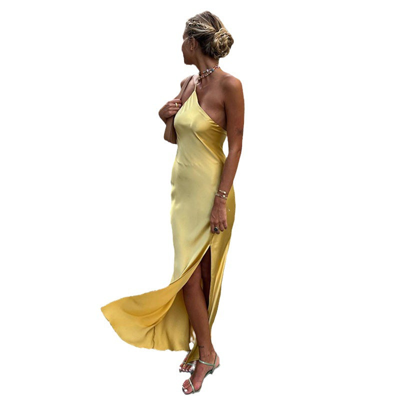 Slim-Fit Off-Shoulder Solid Color Backless Long Dress Maxct