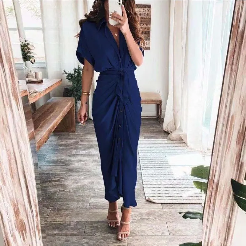 Maxct Short Sleeve Spring Dresses Fashion Summer Turn-down Collar Women Party Dress Elegant Button Office Lady Shirt Dress