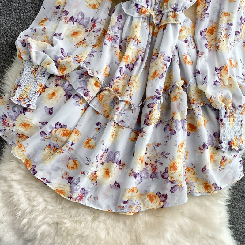 Women's Green/Purple/Beige Floral Chiffon Dress Bohemian V-Neck Lantern Long Sleeve High Waist Ruffle Vestidos Female New