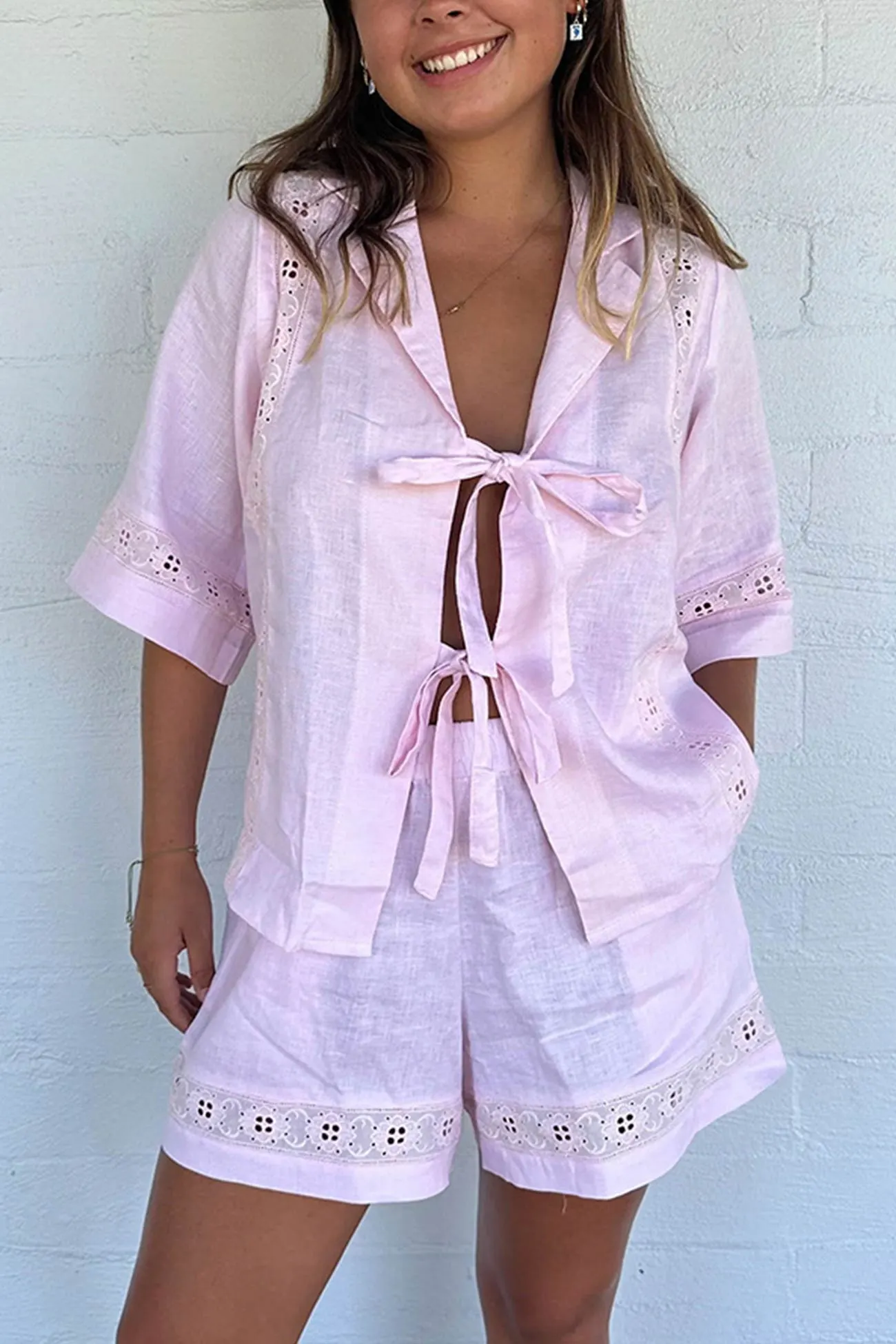 Maxct Tie-up Jacquard Hollow Out Shirt Shorts Suits
