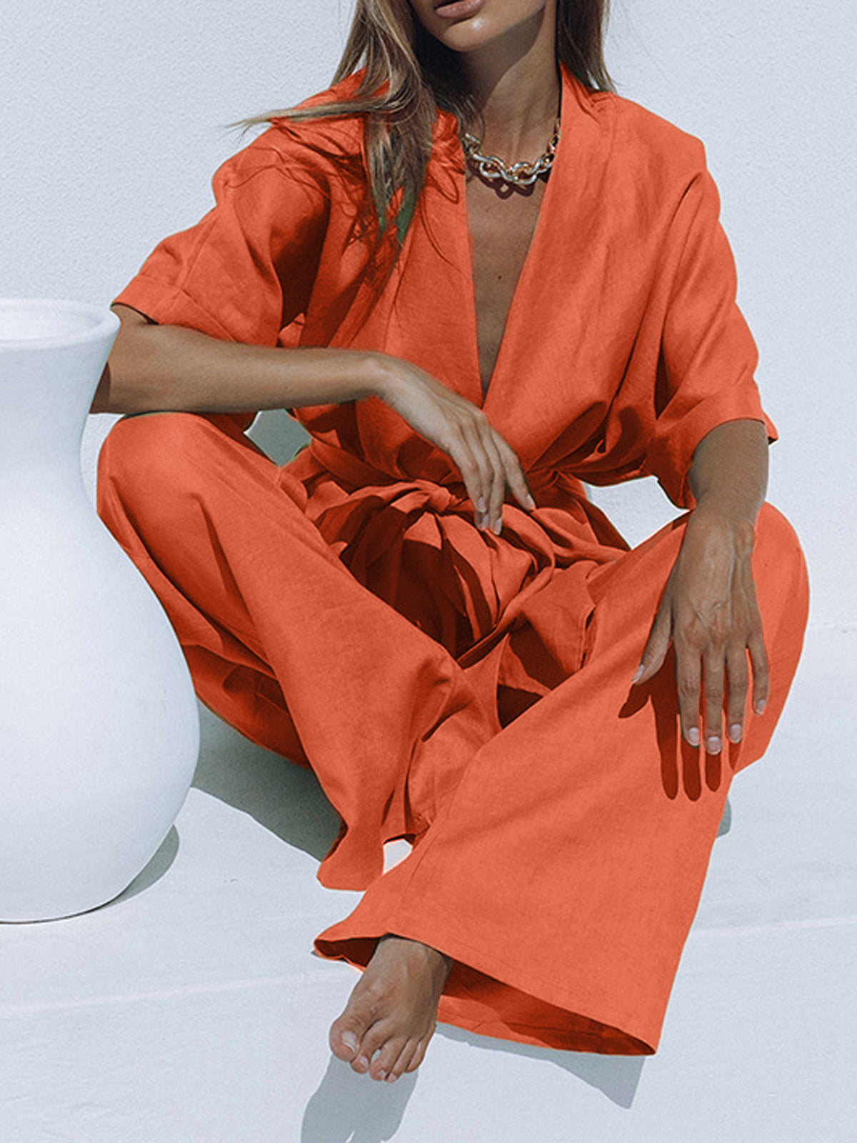 Maxct Oversized Linen Tied Two Piece Pants Set