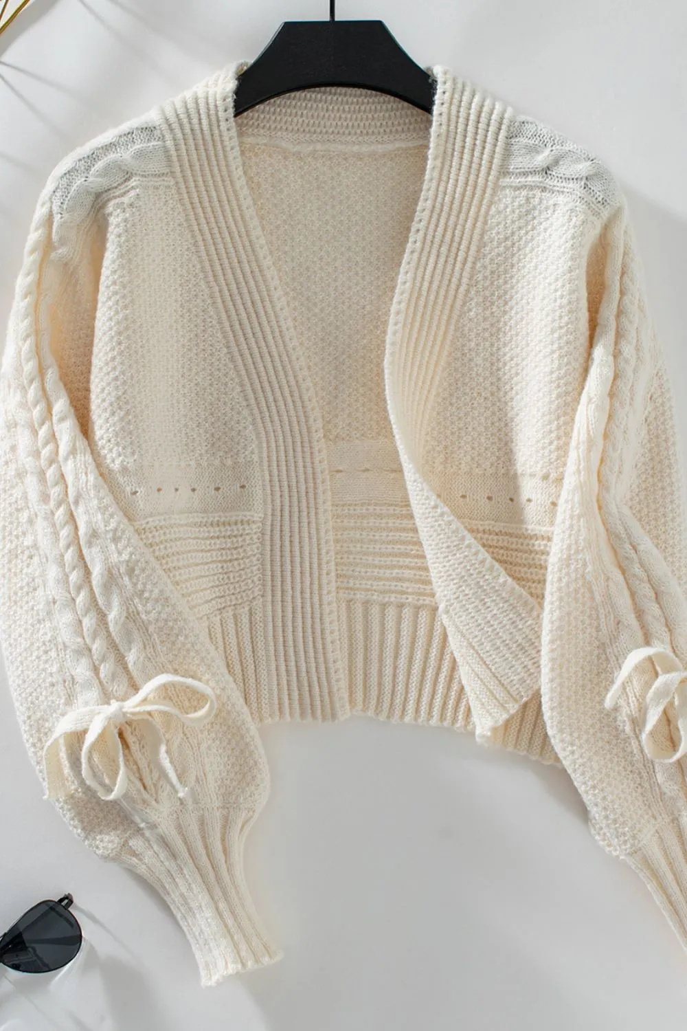 Maxct &Cable-Knit Tied Open Front Lantern Sleeve Cardigan