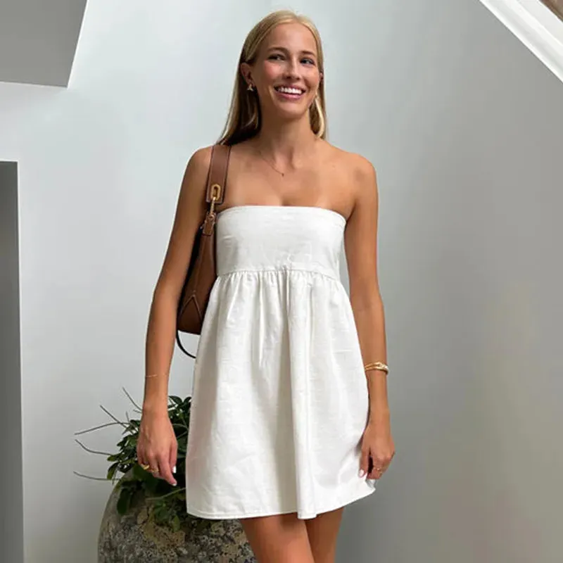Maxct Elegant Solid Strapless Dress Women's Sleeveless Beach Vacation Short Dress Splice Off Shoulder Loose High Waist Clothing