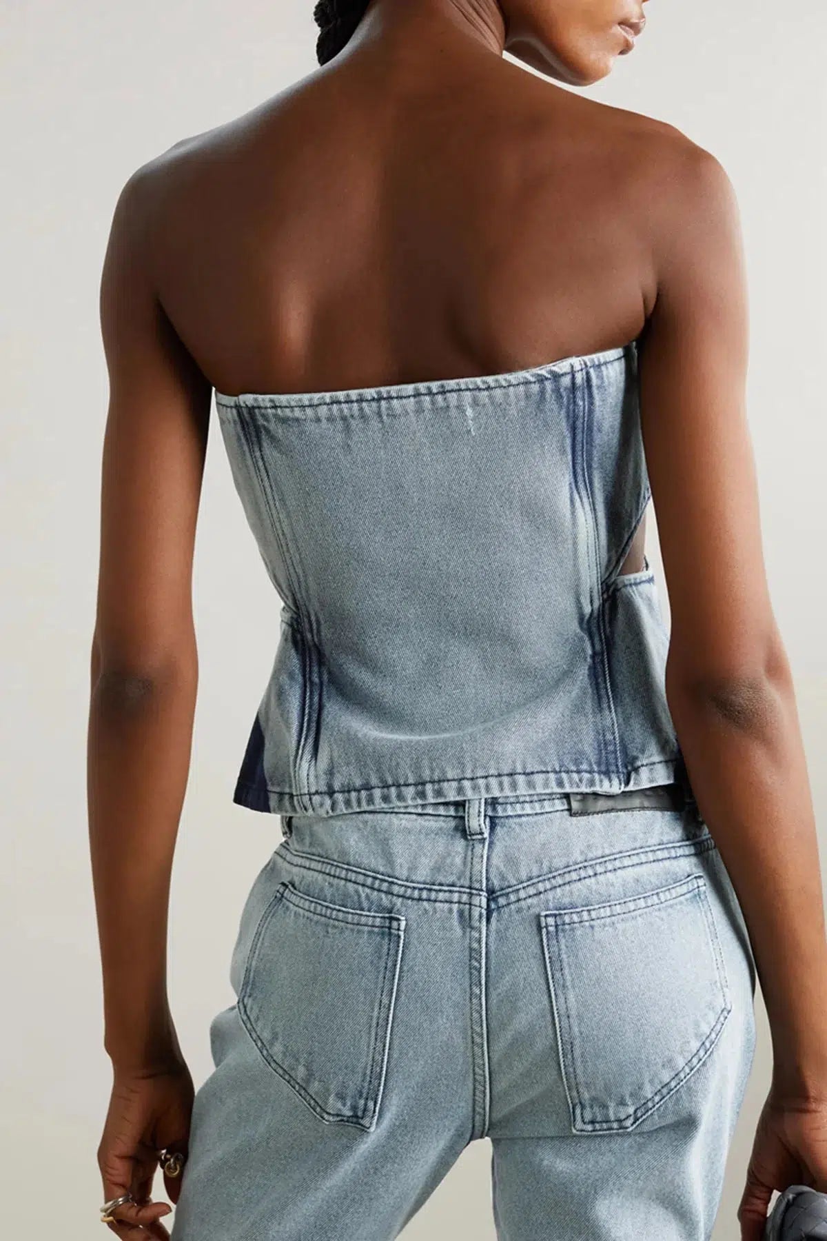 Maxct &Denim Cut Out Tube Top & Patch Jeans Two Piece Set