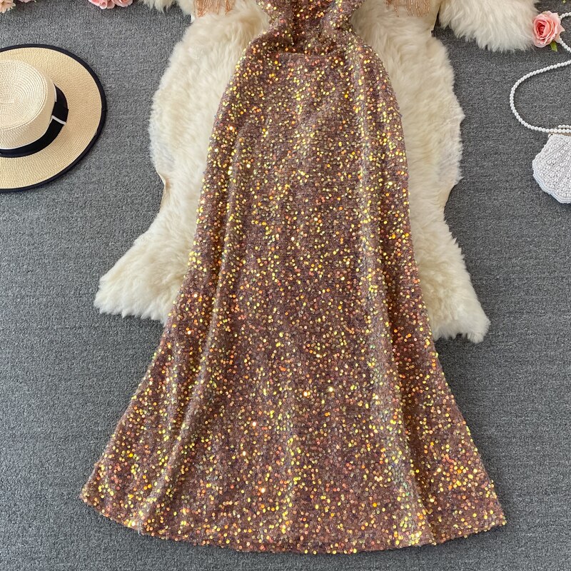 Sequins Party Maxi Dress For Women Sexy V-Neck Short Sleeve High Waist Tassel Long Robe Female Elegant Vestidos