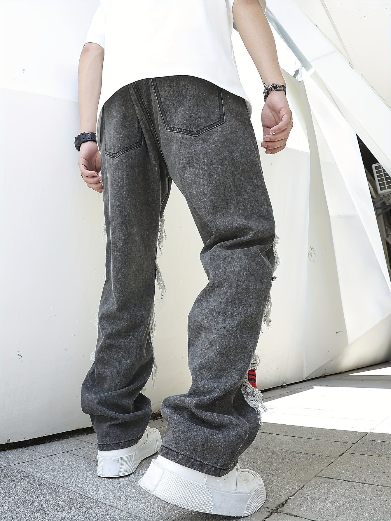 Maxct  Loose Fit Patchwork Jeans, Men's Casual Street Style Wide Leg Pants With Creative Tassels