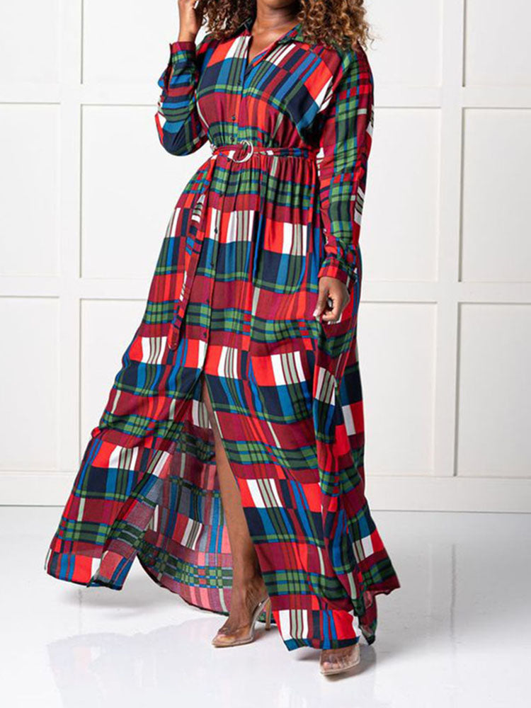 Plaid Print Shirt Collar Maxi Dress Maxct