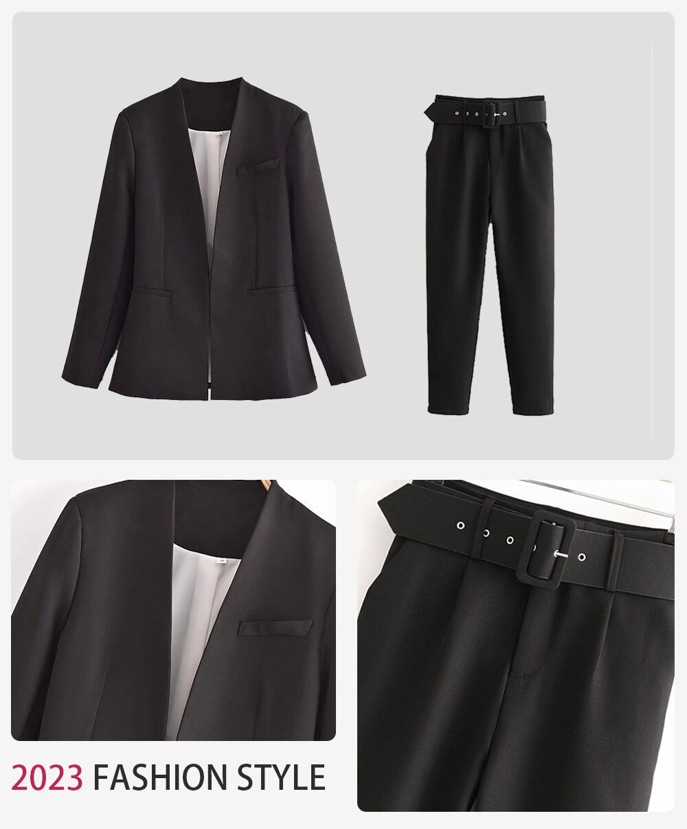 2024 Women Fashion Two Pieces Sets Office Wear Blazers Coat And With Belt High Waist Pants Female