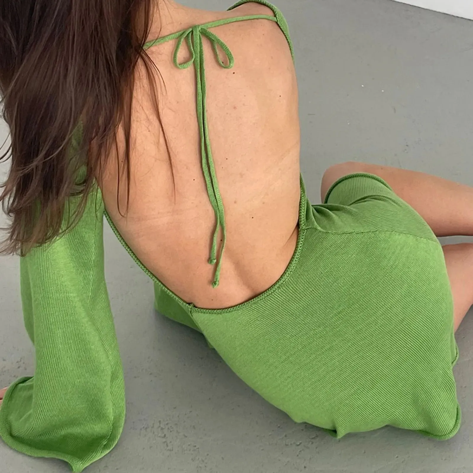 Maxct Women Knitted Dress Casual Solid Color Backless Long Sleeve Mini Party Dress for Beach Cocktail Club Streetwear