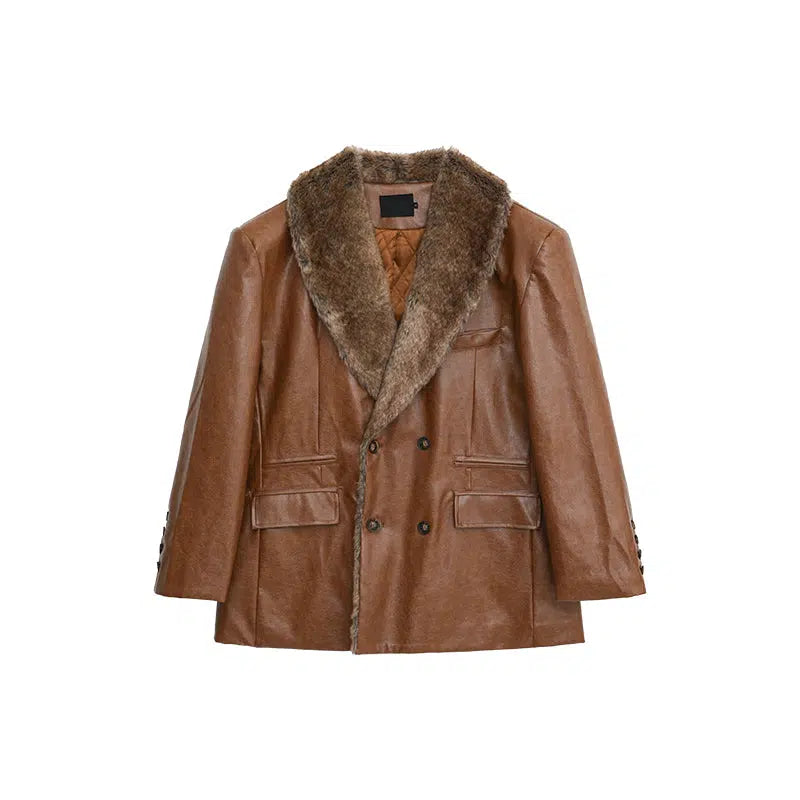 Maxct Fur Collar PU Leather Suit Jacket