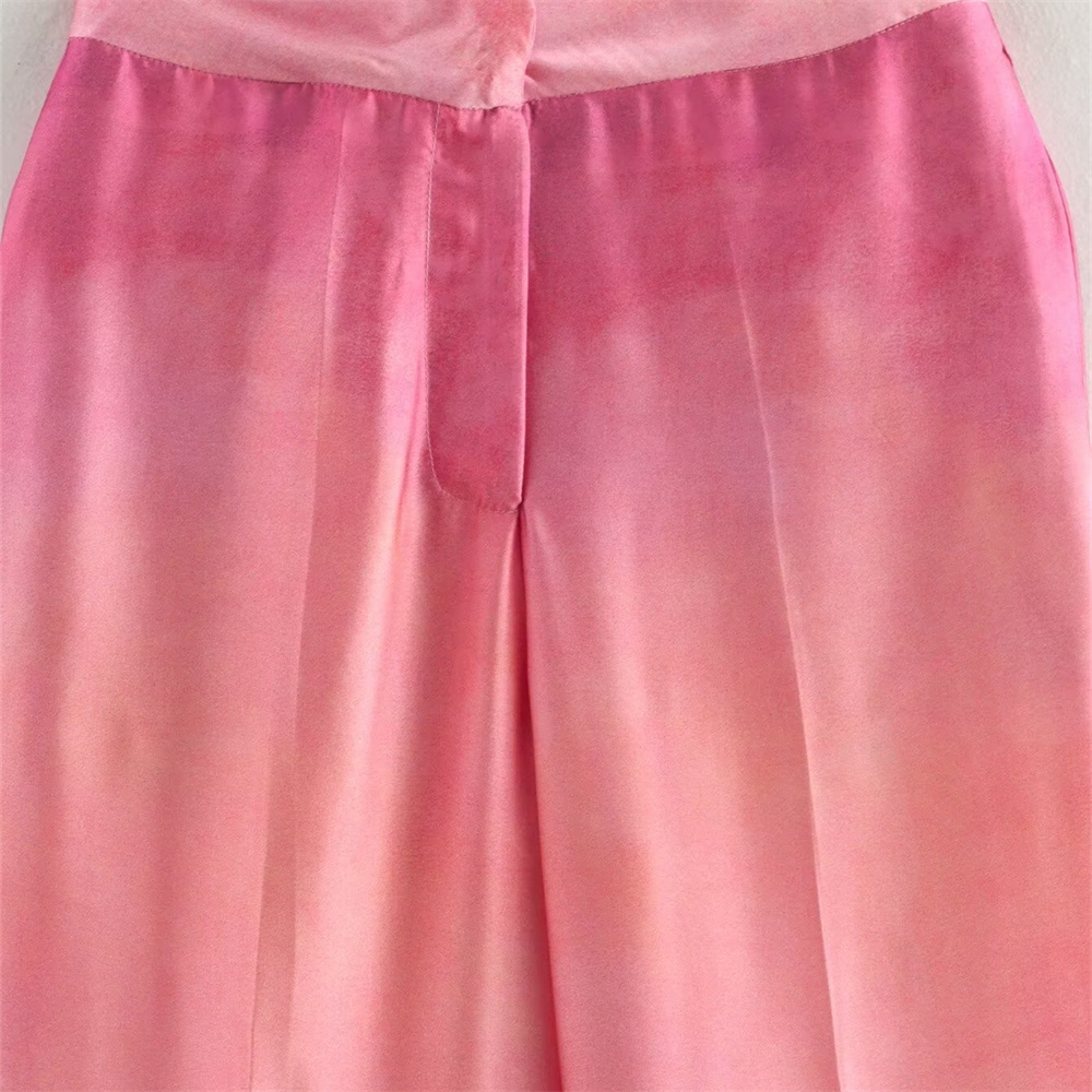 Maxct Autumn New Product Women's Fashion Silk Texture Tie Dyeing Printed Shirt High Waist Wide Leg Pants Set