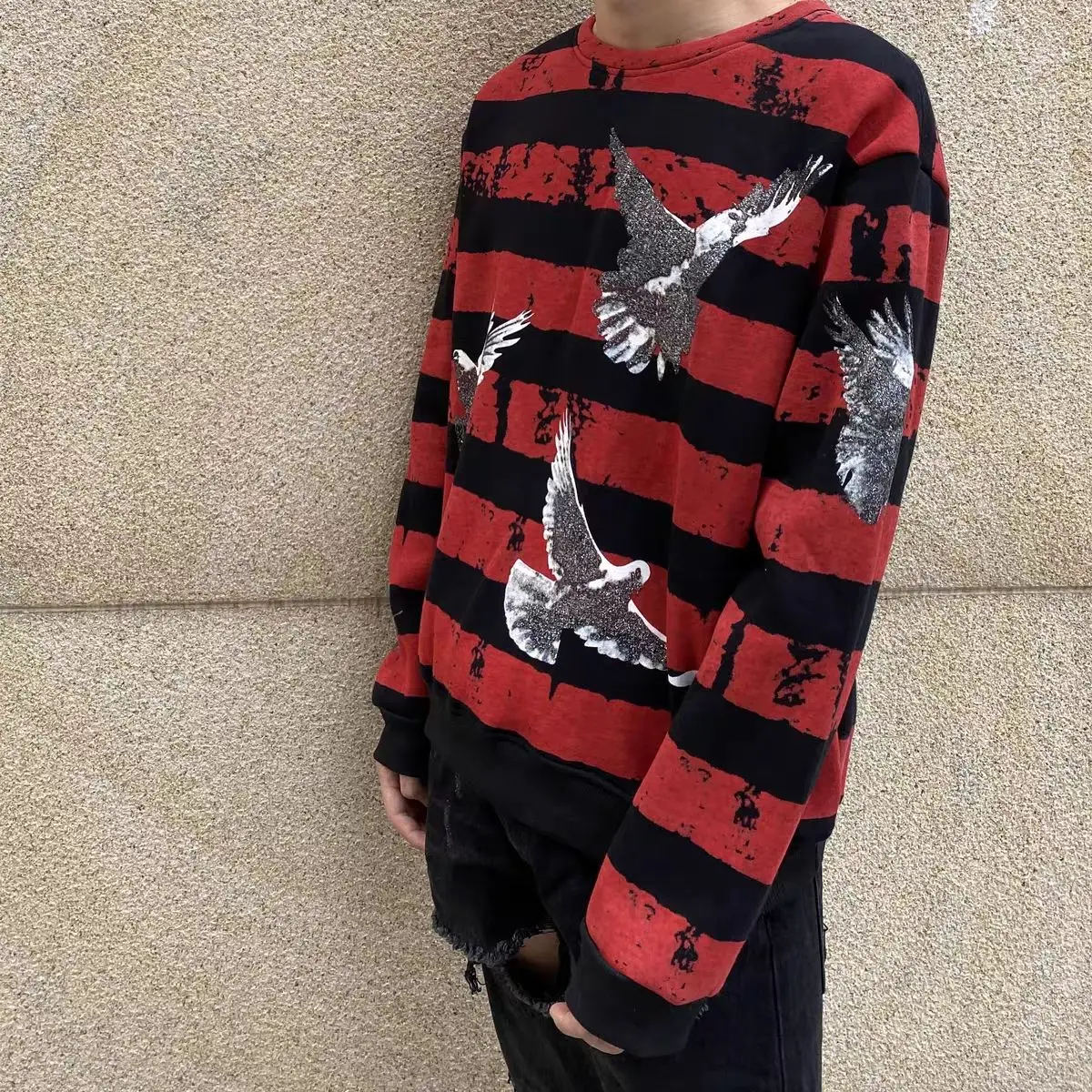 Maxct High street-inspired pigeon-print long-sleeved pullovers sweatshirts men women street tie-dye stripe panels versatile harajuku
