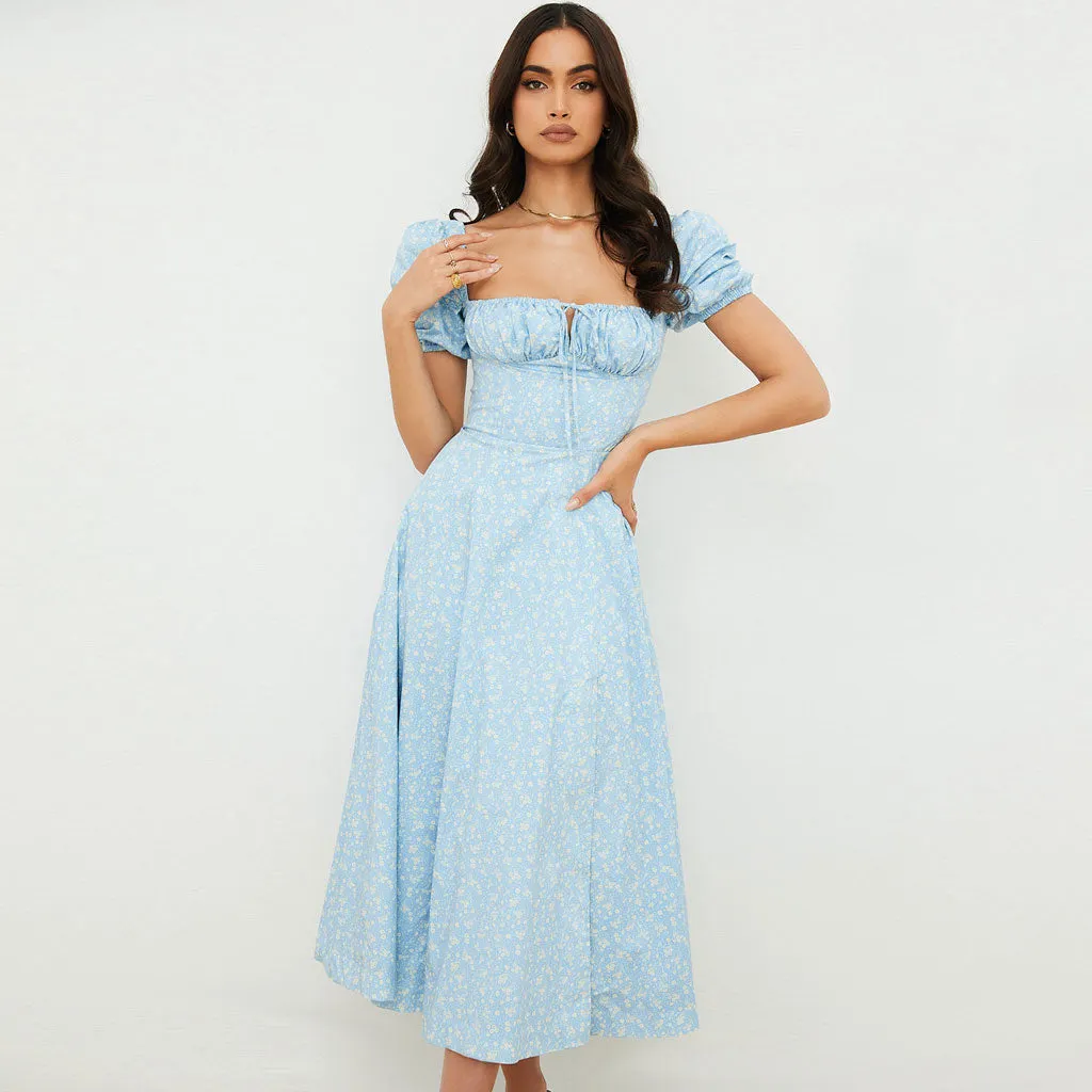 Daisy Printed Puff Sleeve High Slit Smock Maxi Sundress - Sky Blue Maxct