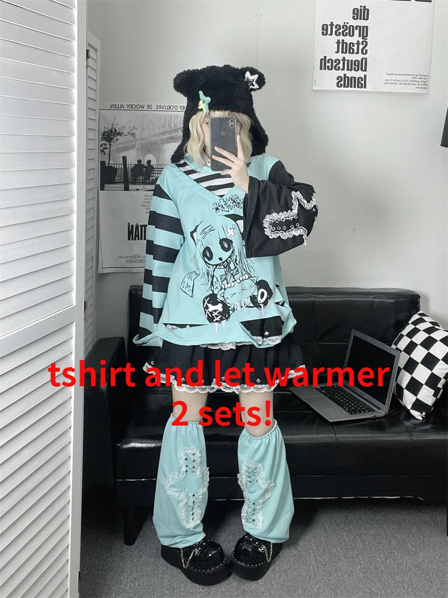 Maxct Y2k Fashion Fake Two Pieces Cartoon Print T-shirts Women Casual Loose Grunge Tops Aesthetic Fairy Harajuku Kawaii Tee